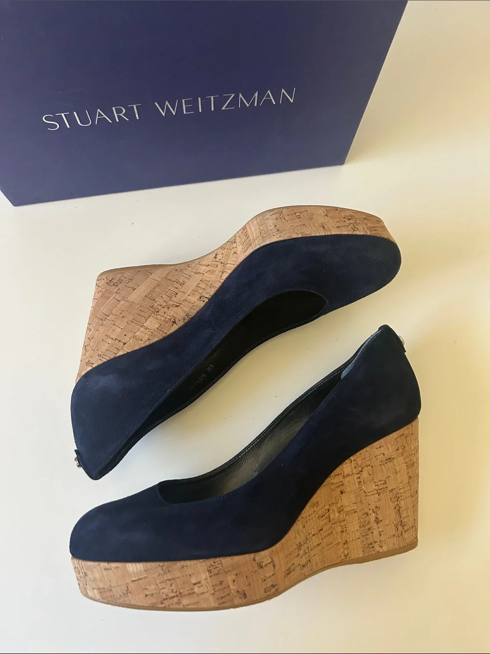 Stuart Weitzman Navy Suede Cork Wedge Pumps